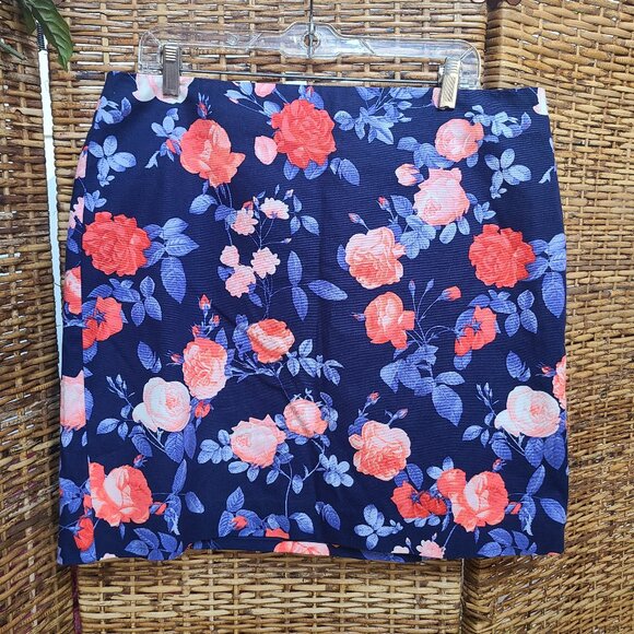 NWT Talbots Skirt Sz 14 Blue W/ Pink Floral Lined Above Knee - Picture 1 of 6